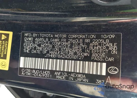 2010 Lexus Hs 250H Premium z USA, uszkodzony, nr VIN JTHBB1BA2A2010127